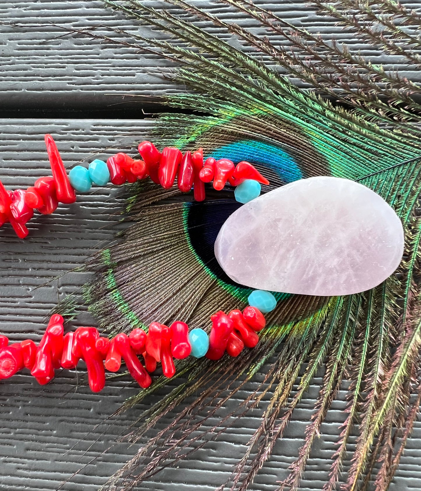 Rose Quartz on Red Bamboo