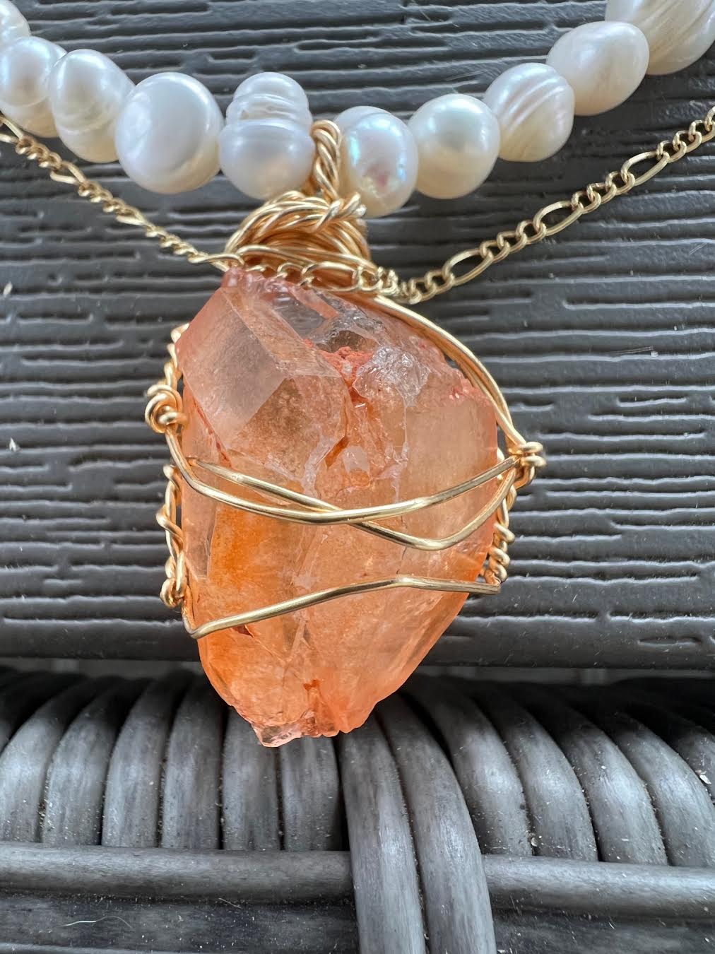 Orange quartz on Pearl Necklace