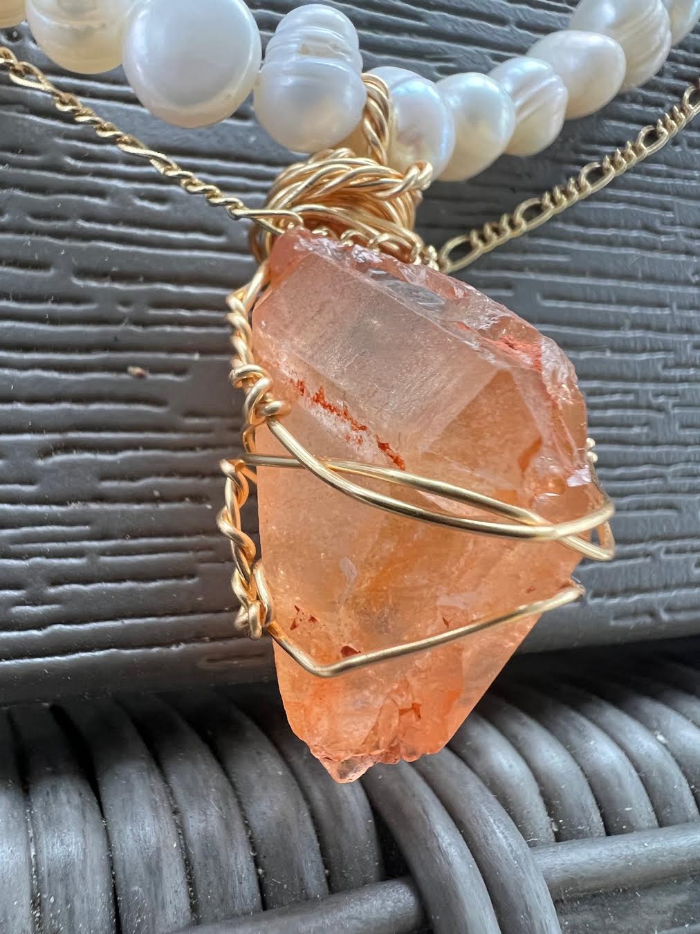 Orange quartz on Pearl Necklace