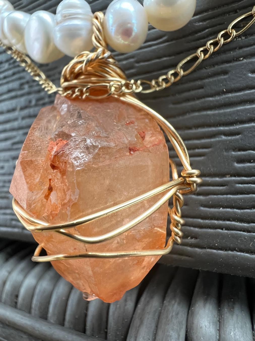 Orange quartz on Pearl Necklace