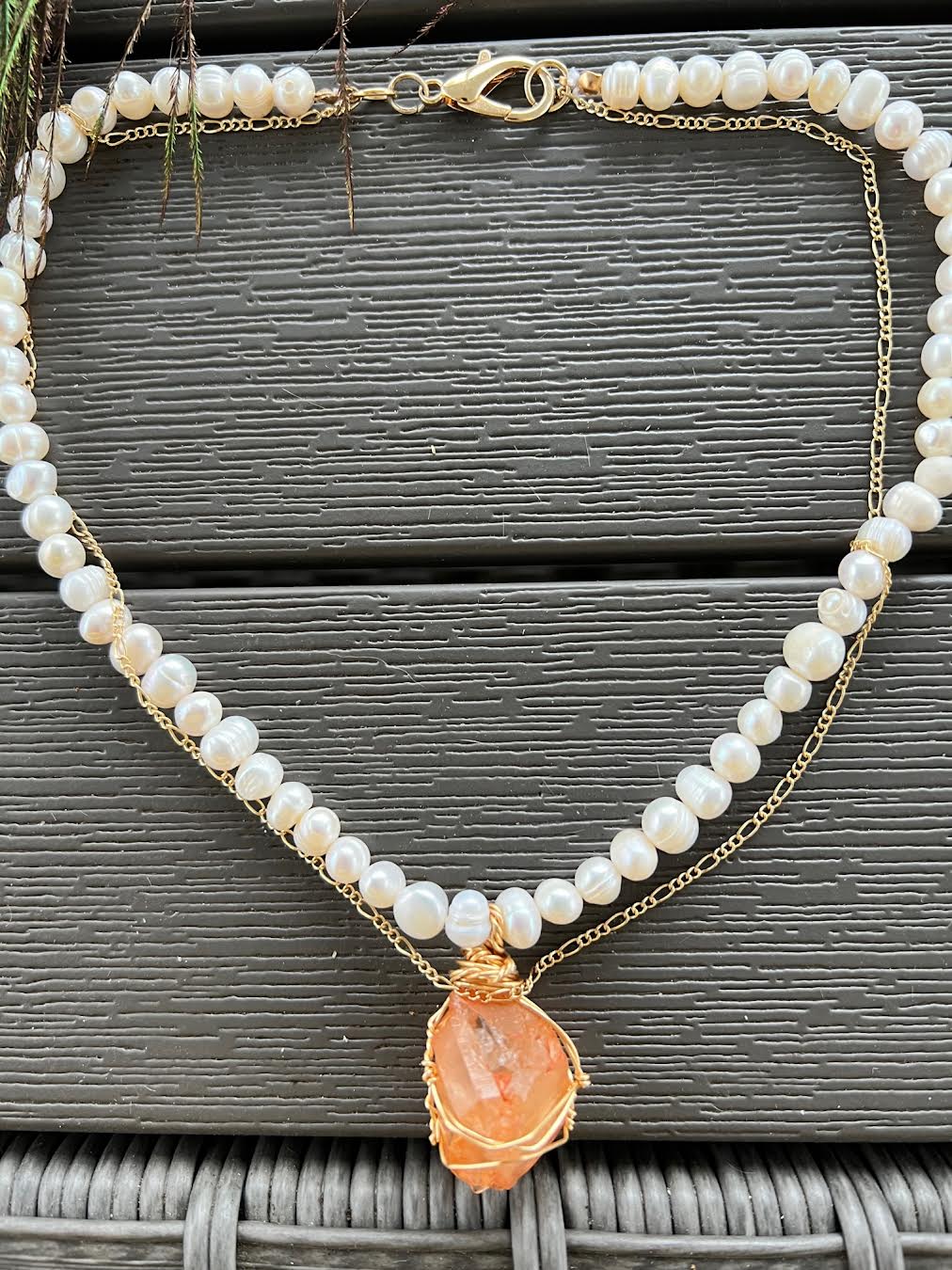 Orange quartz on Pearl Necklace