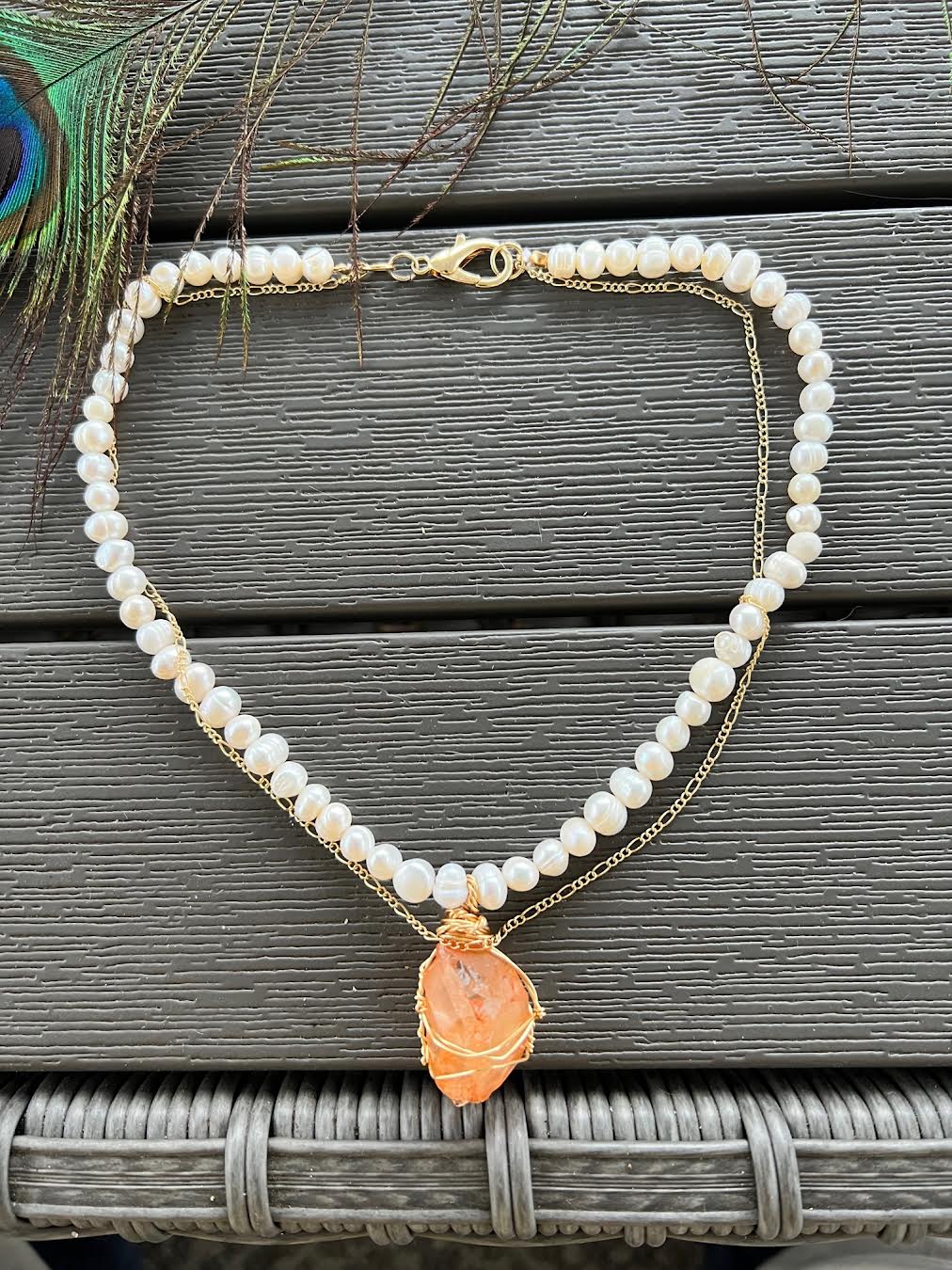 Orange quartz on Pearl Necklace