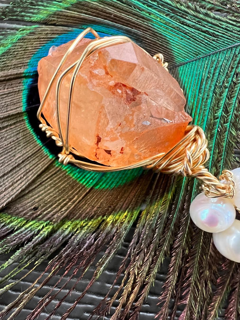 Orange quartz on Pearl Necklace