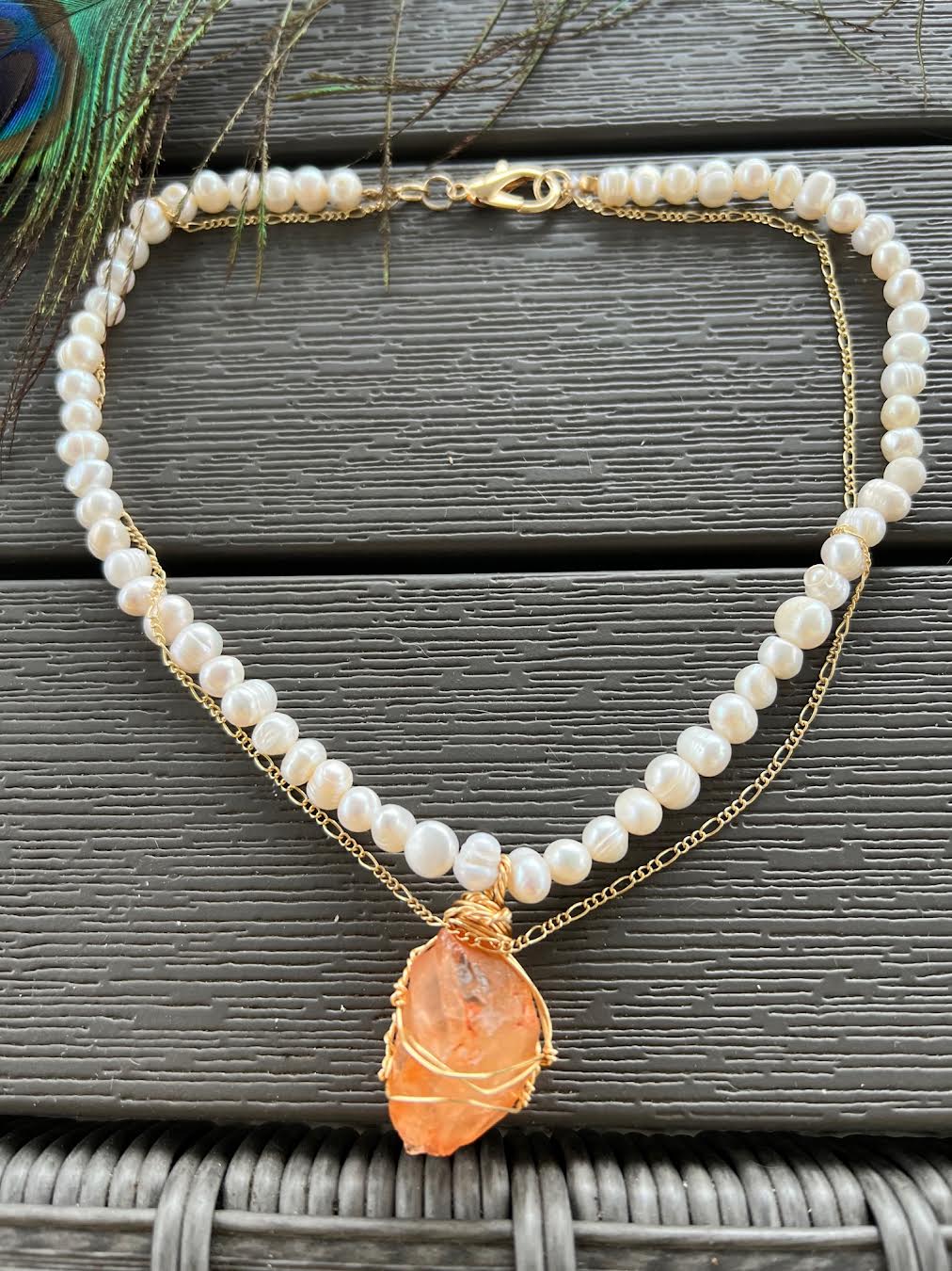 Orange quartz on Pearl Necklace